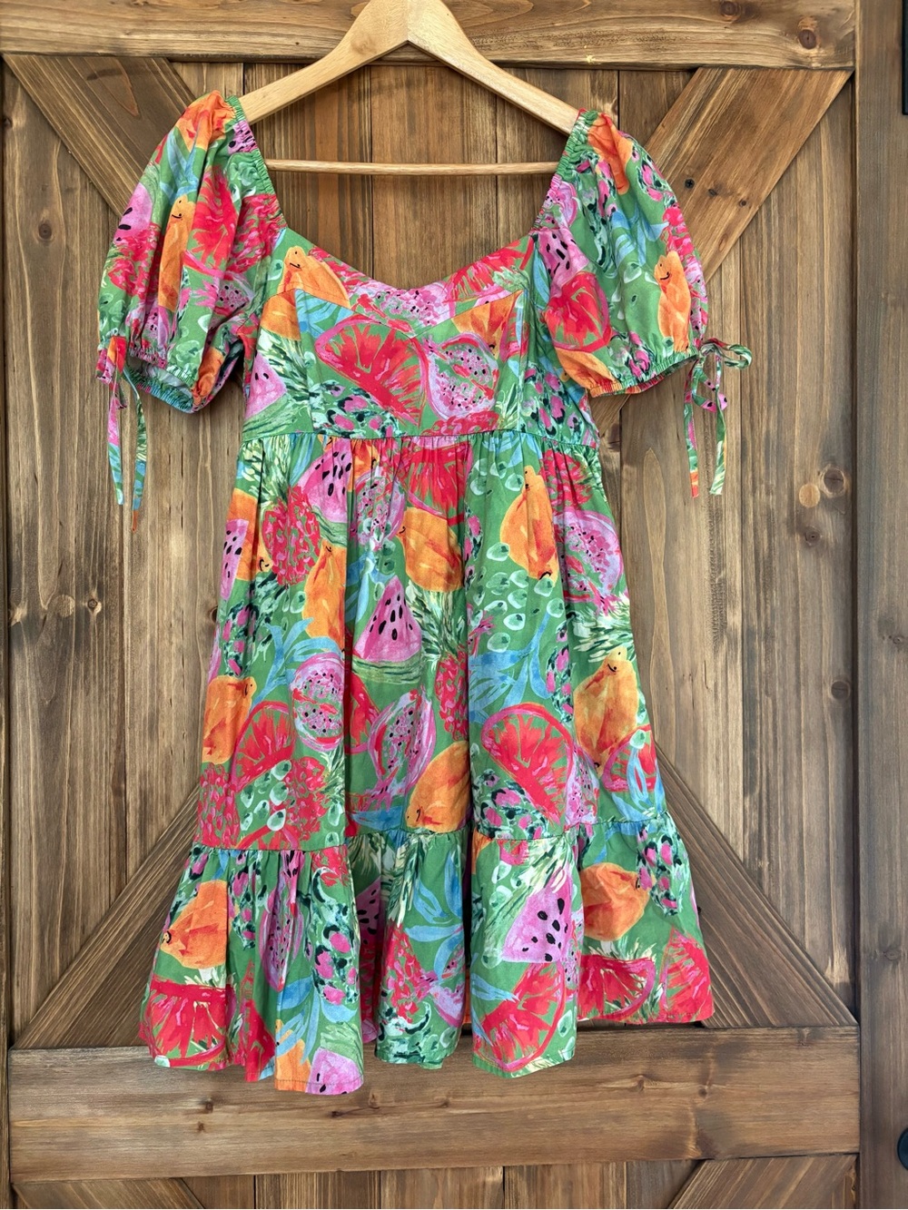 entro 100% Cotton Tropical Fruit Print Puff Sleeve Mini Dress. Size Small